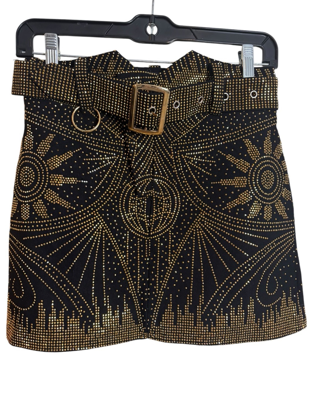 Black & Gold Rhinestone Embellished Mini Skirt Sunburst Geometric Pattern Medium